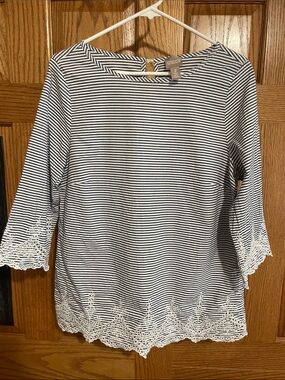 Chico's Navy and White Striped Long-Sleeve with Lace Hem. Size 2 - women’s M/L